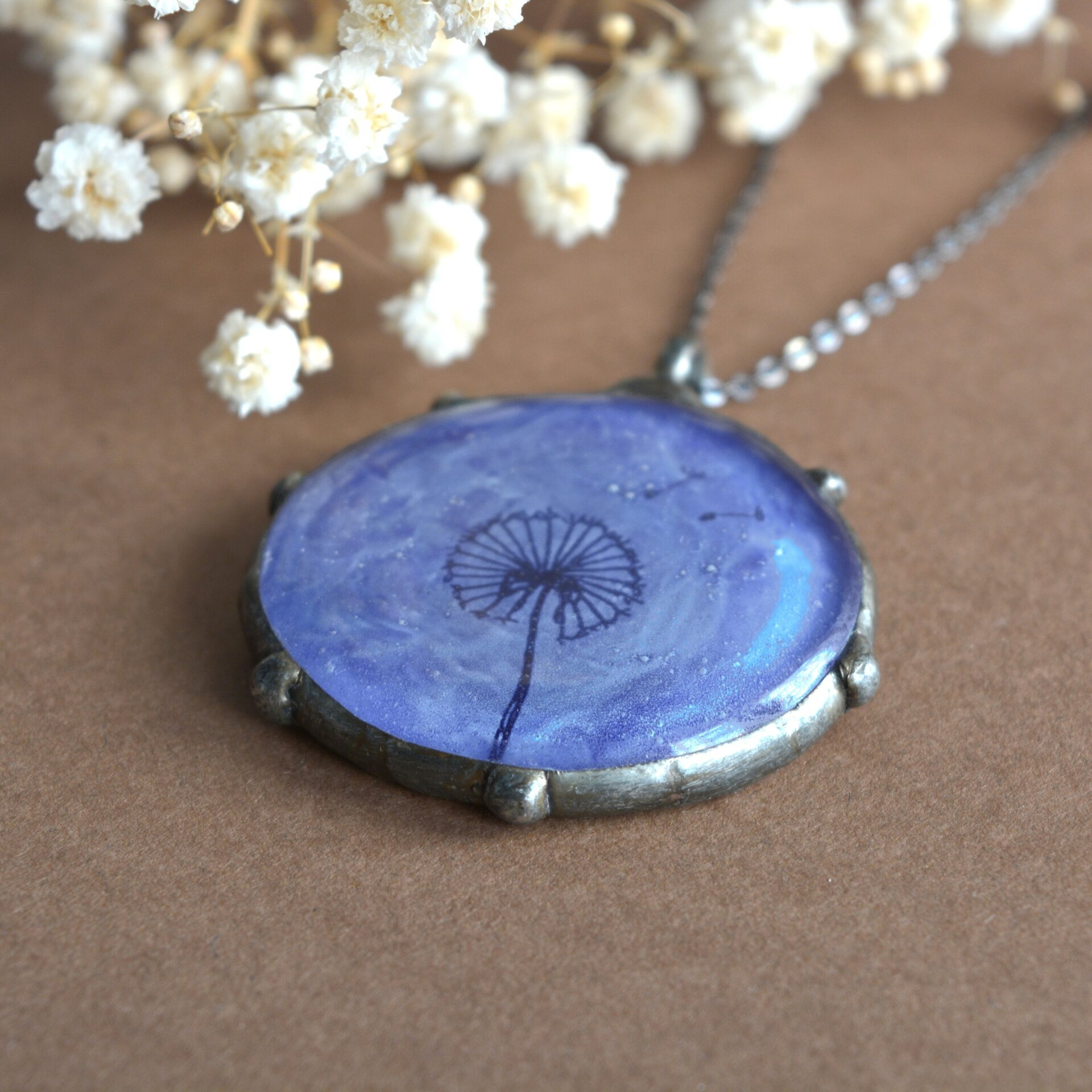 Colgante azul Diente de León, Joyas únicas de vidrio artesanal - 1
