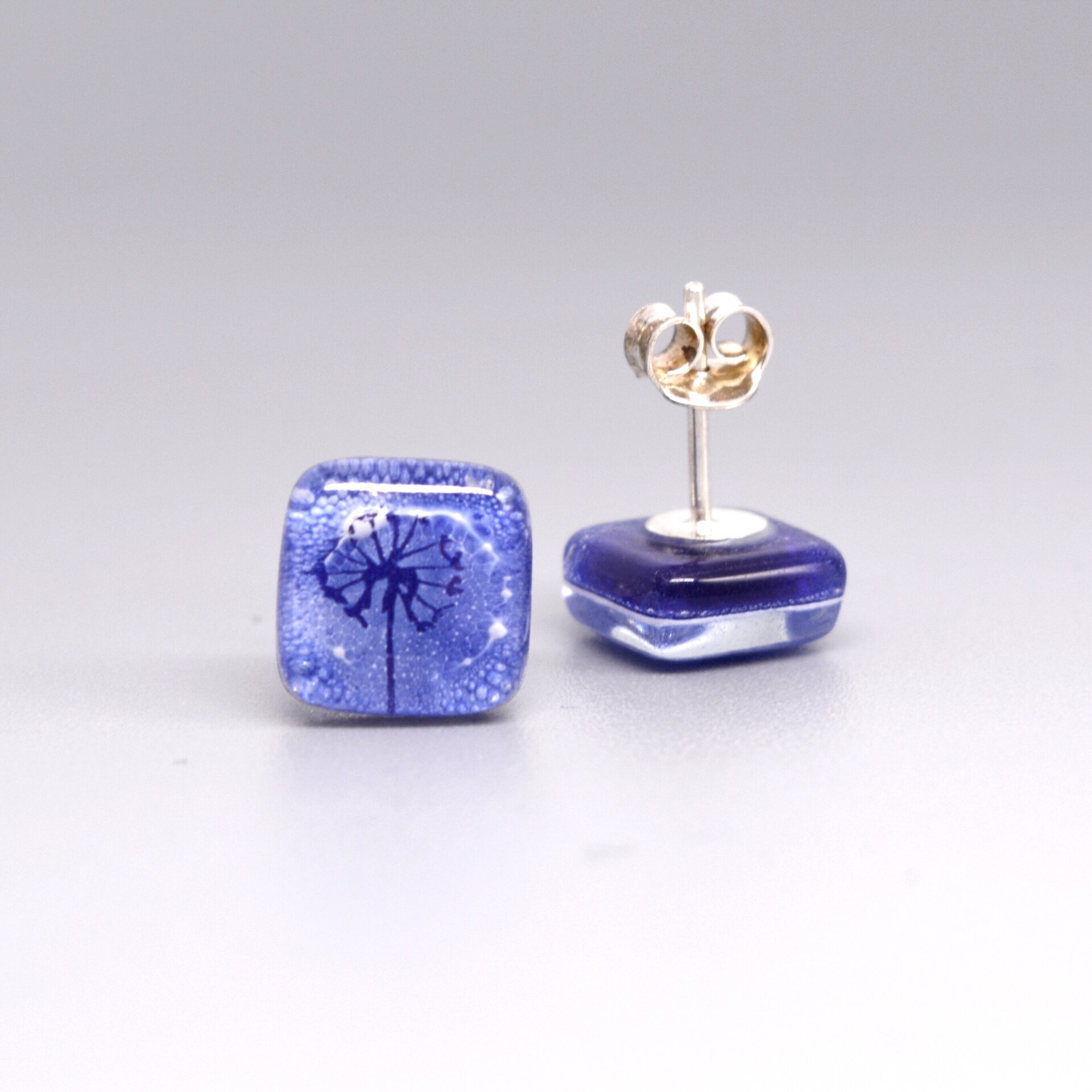 Pendientes con diente de león de vidrio y plata de ley, Color azul - 7