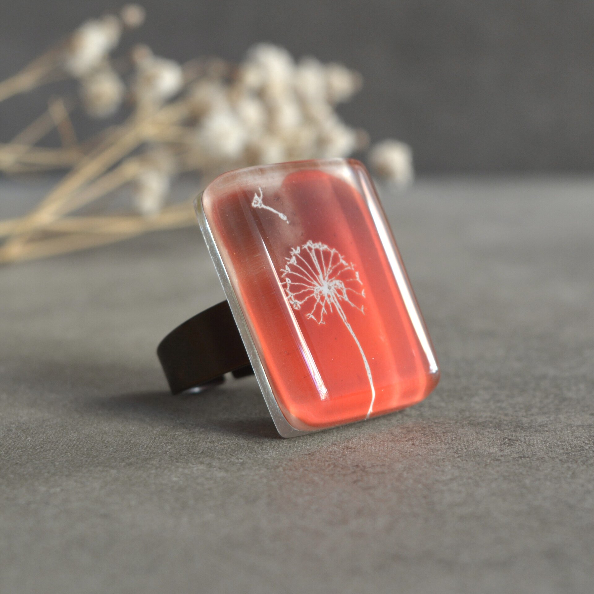 Anillo diente de león naranja, Talla ajustable, Vidrio rectangular - 4