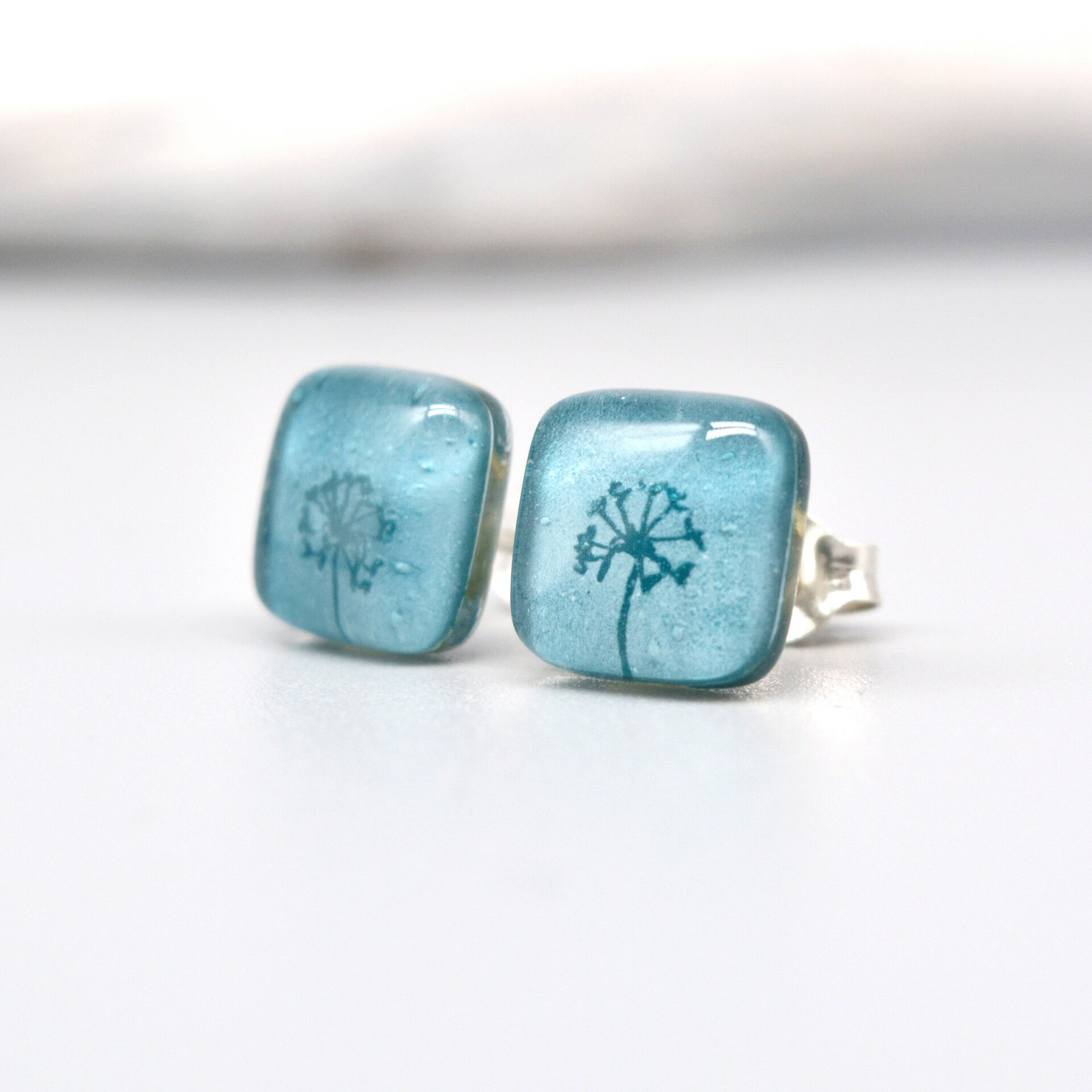 Pendientes con diente de león de vidrio y plata de ley, Color turquesa - 3
