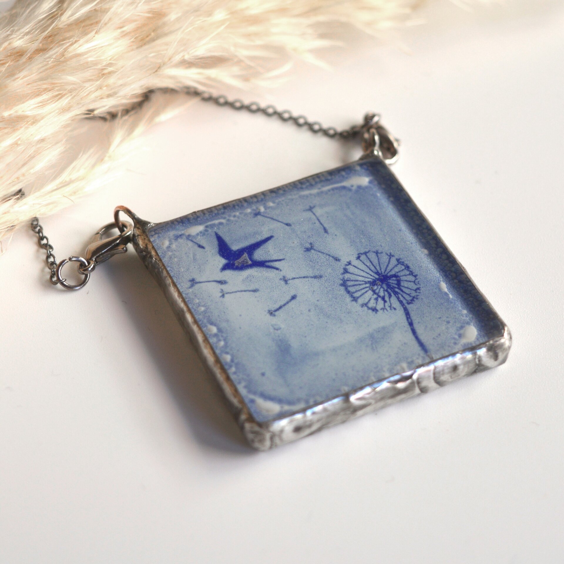 Collar de diente de león azul, colgante de vidrio - 2