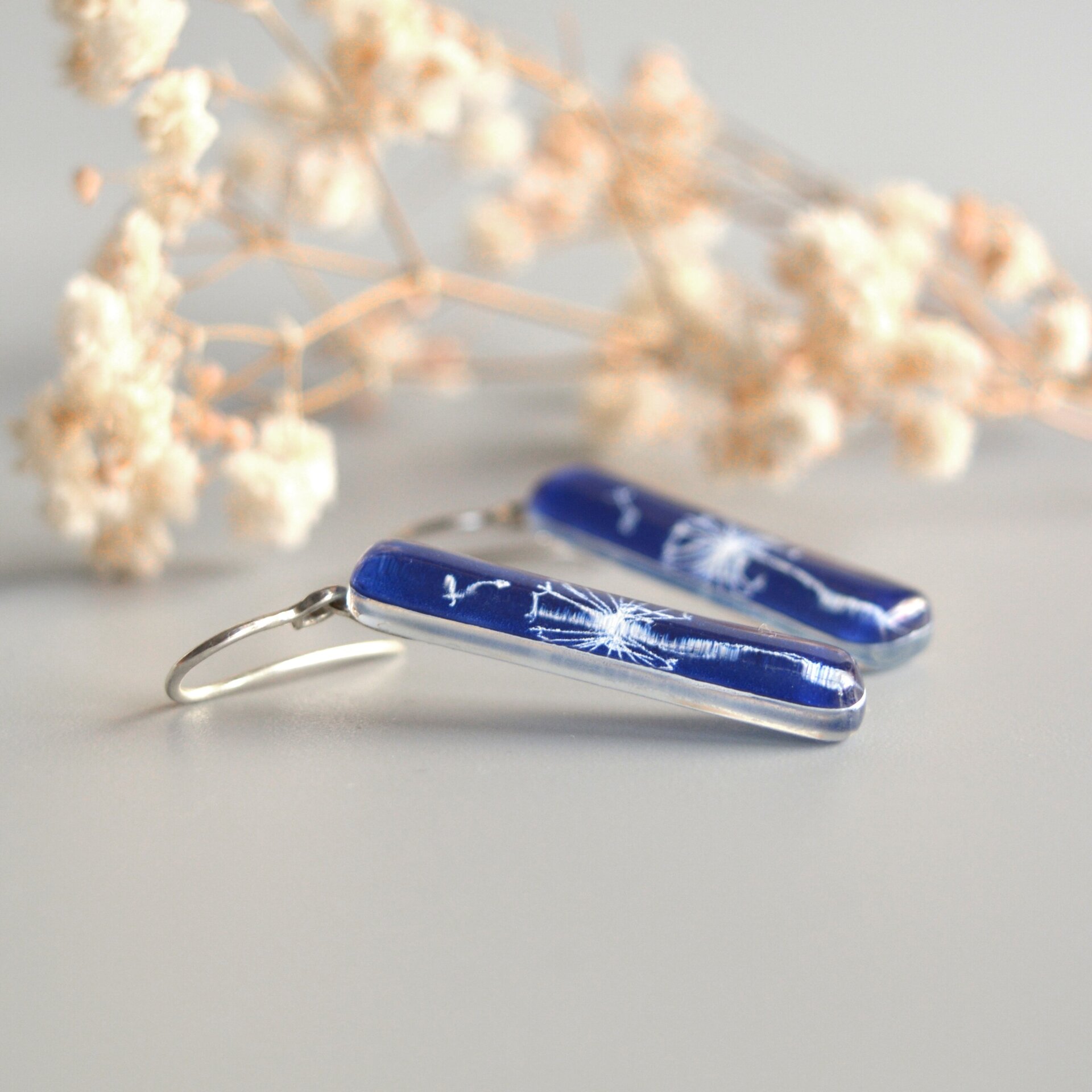 Pendientes diente de león, Vidrio rectangular y plata, Color azul - 2