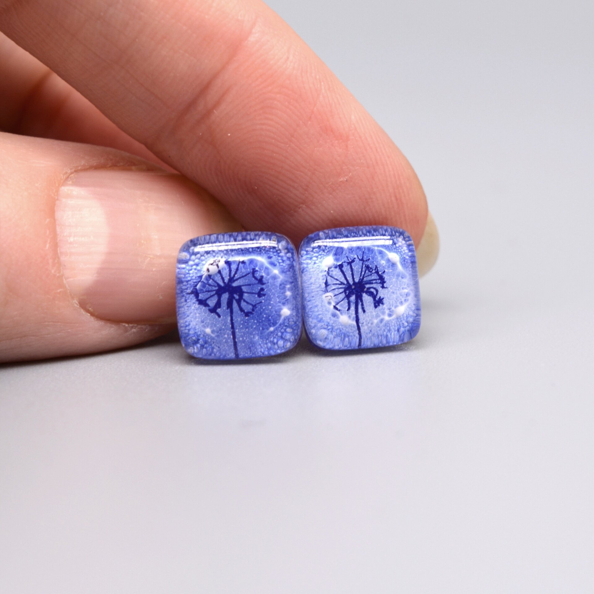 Pendientes con diente de león de vidrio y plata de ley, Color azul - 3