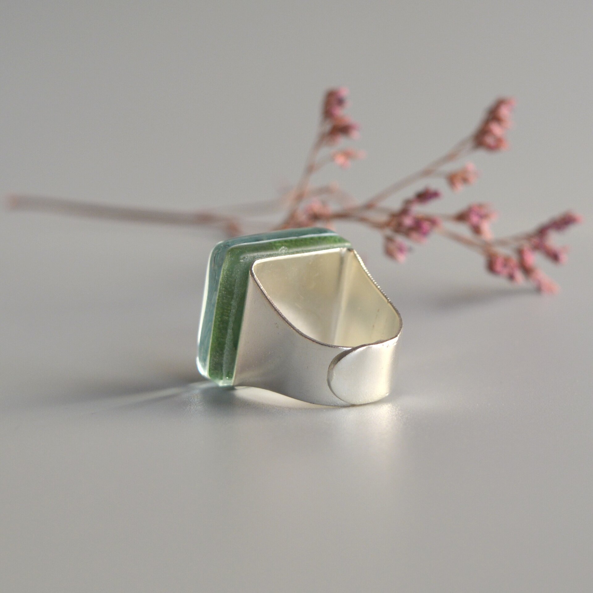 Anillo grande de vidrio verde agua, talla ajustable - 5