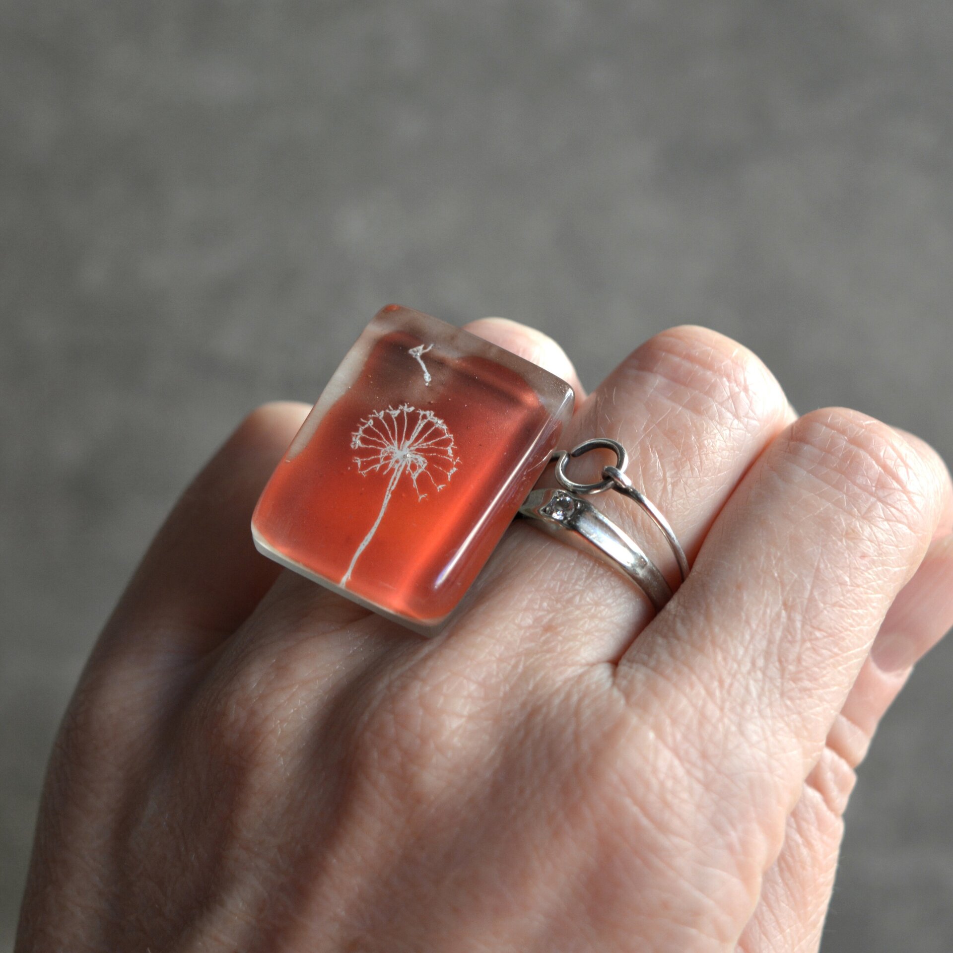 Anillo diente de león naranja, Talla ajustable, Vidrio rectangular - 7