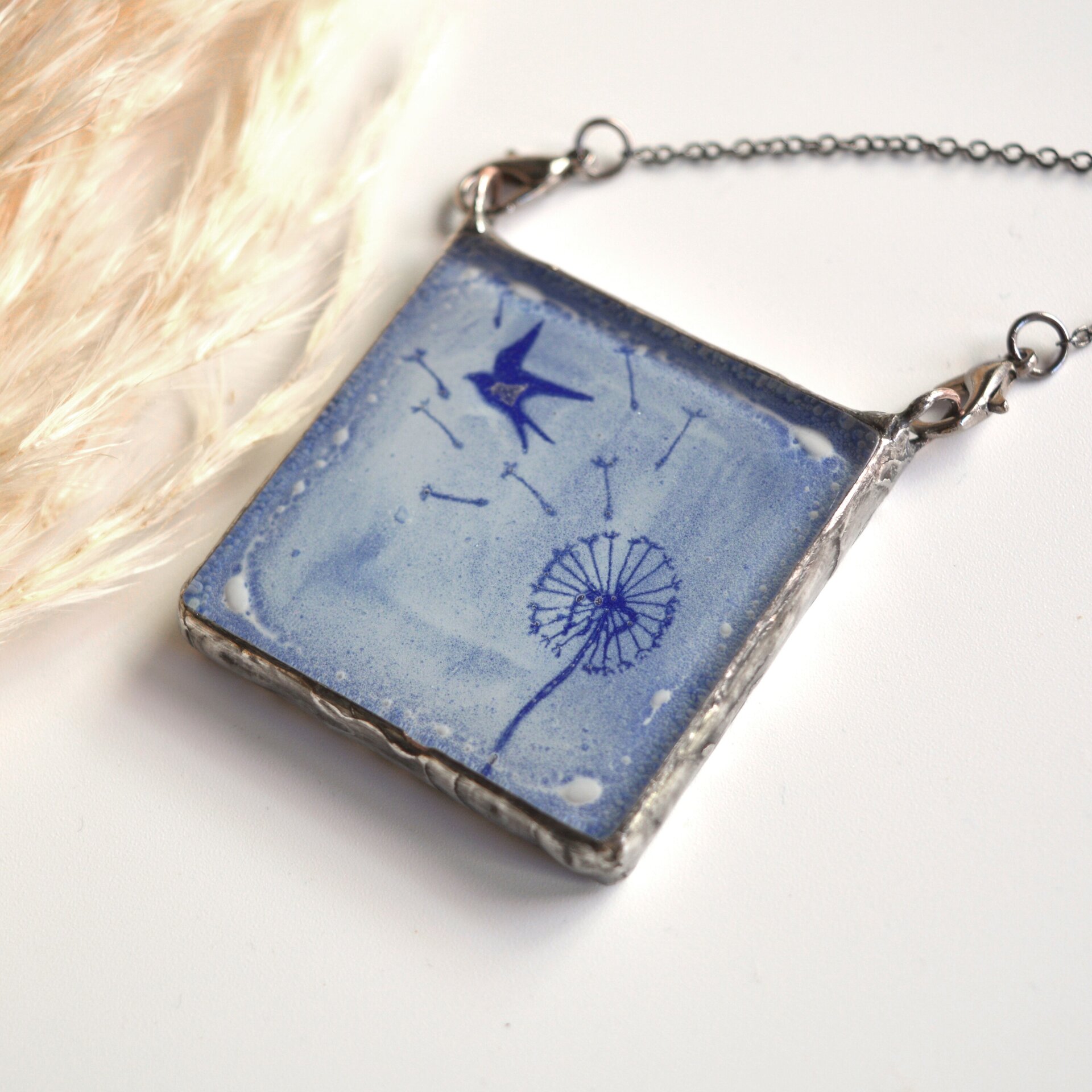 Collar de diente de león azul, colgante de vidrio - 5