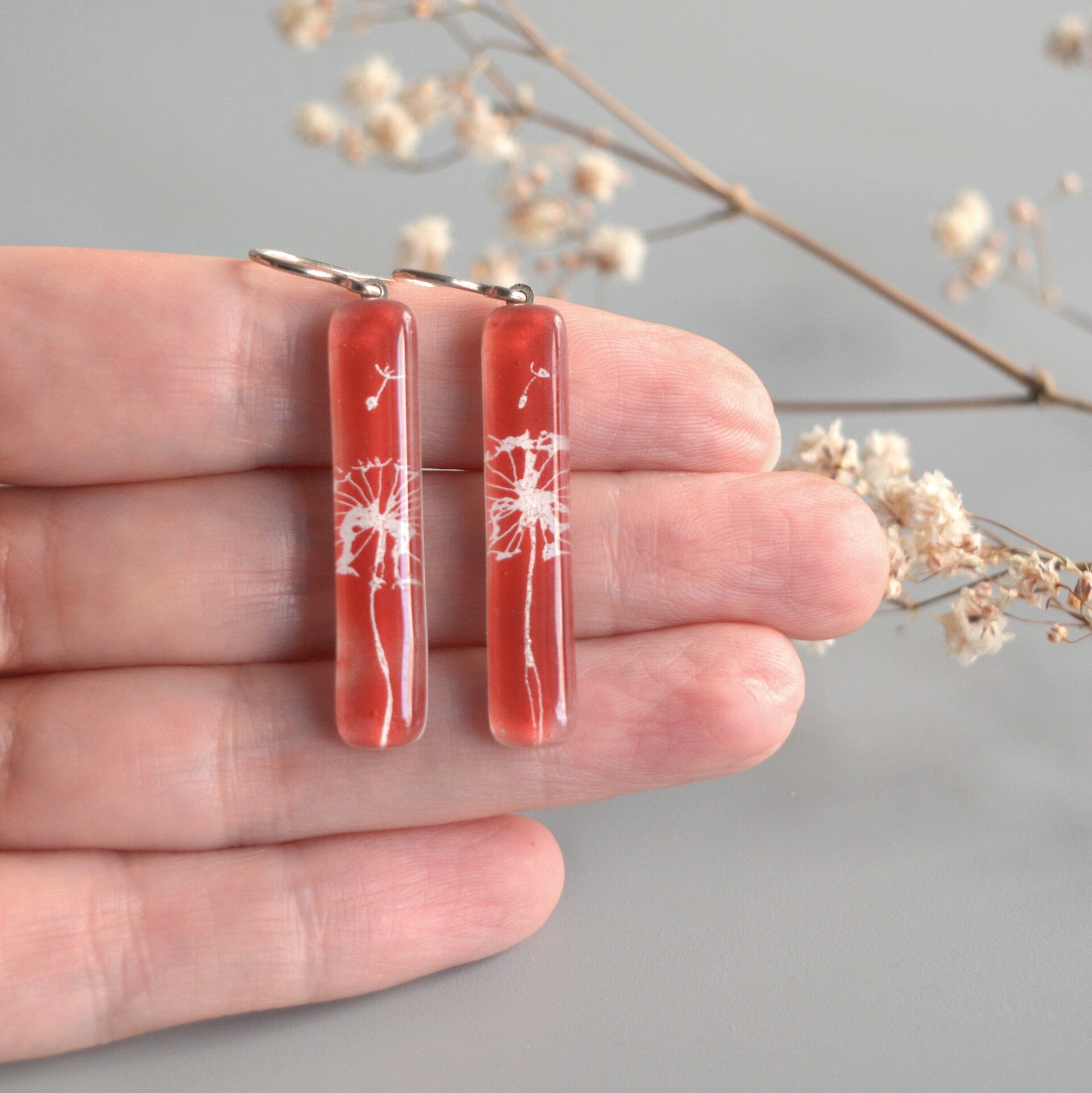 Pendientes rojos Diente de León, Vidrio y plata de ley 925 - 5