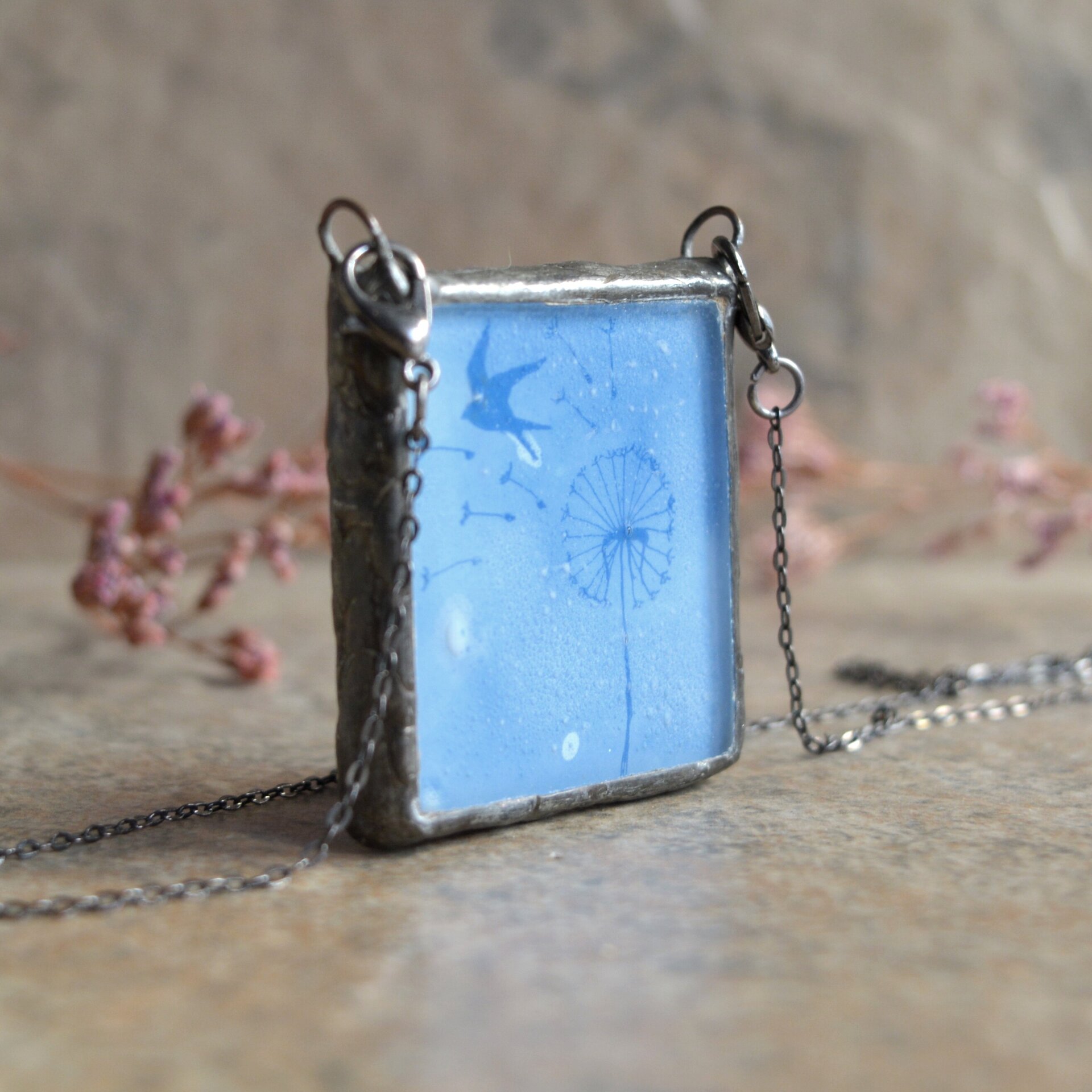 Collar de diente de león azul, colgante de vidrio - 5