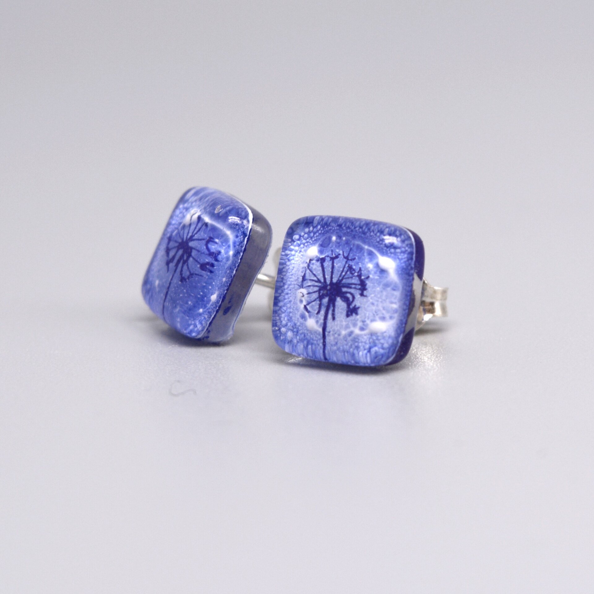 Pendientes con diente de león de vidrio y plata de ley, Color azul - 2