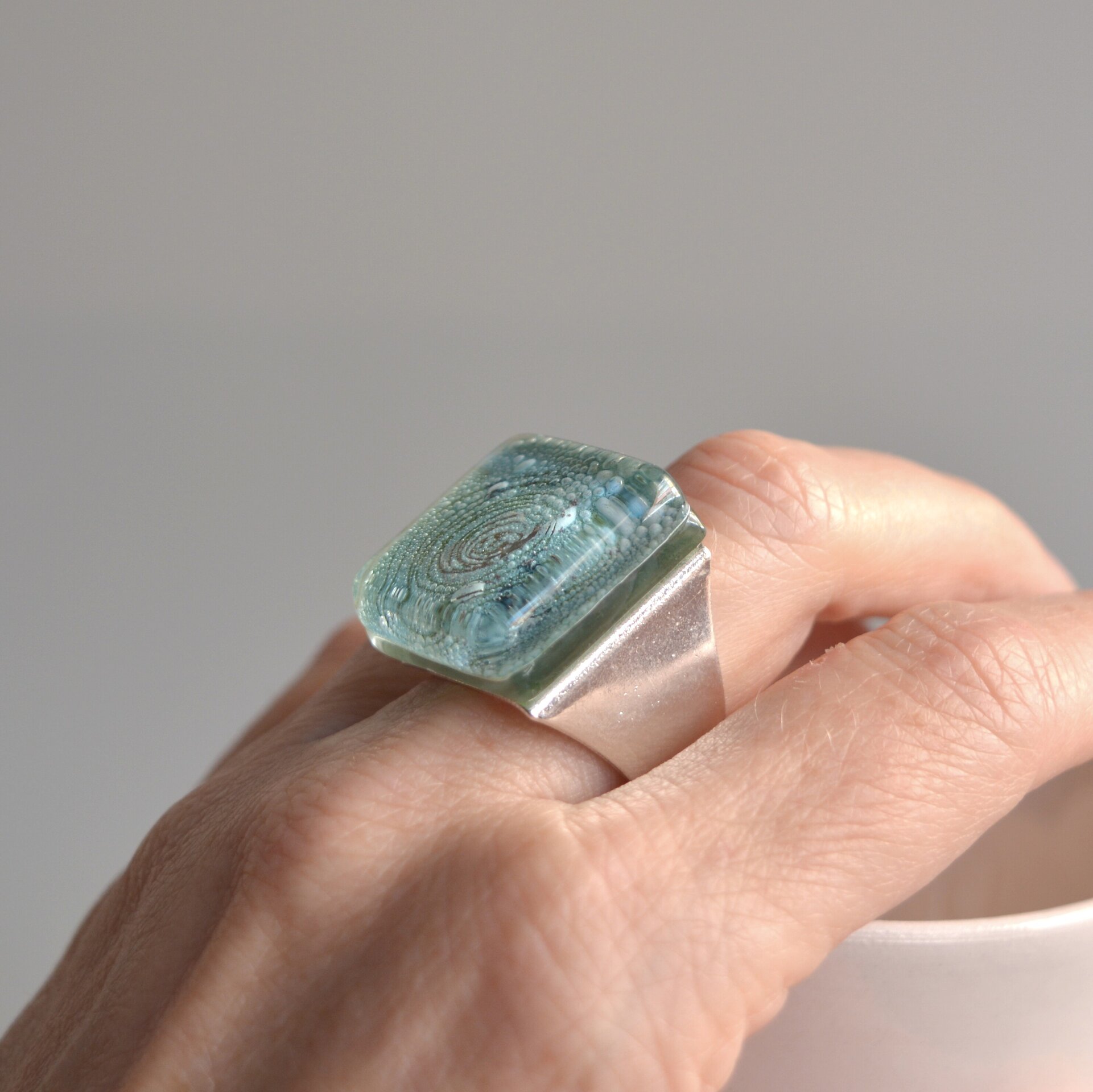 Anillo grande de vidrio verde agua, talla ajustable - 8