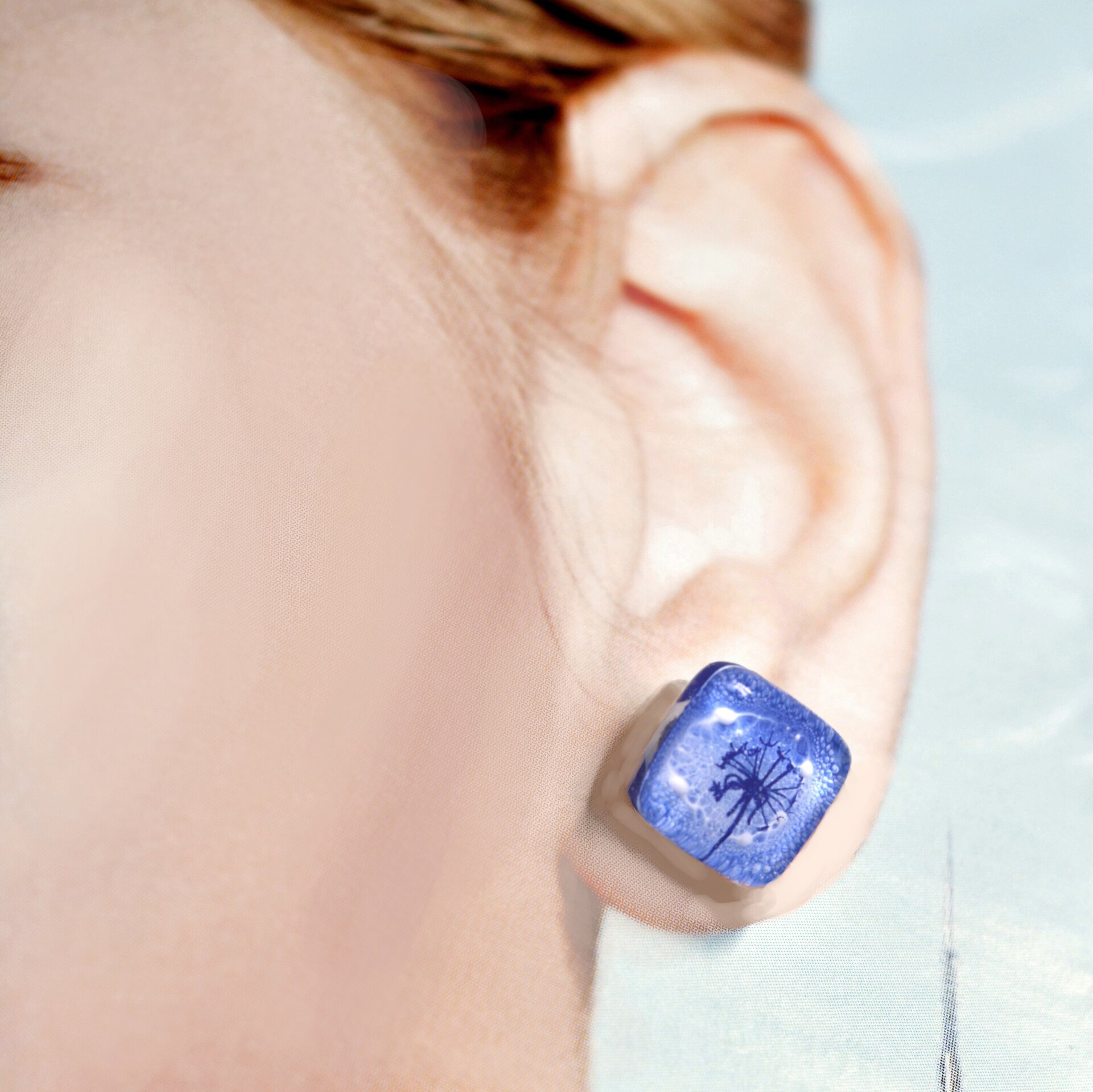 Pendientes con diente de león de vidrio y plata de ley, Color azul - 5