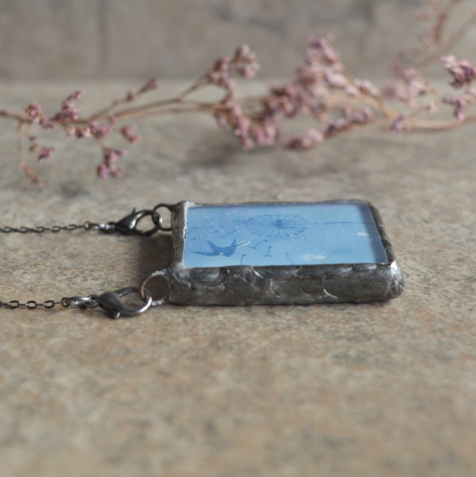 Collar de diente de león azul, colgante de vidrio - 2