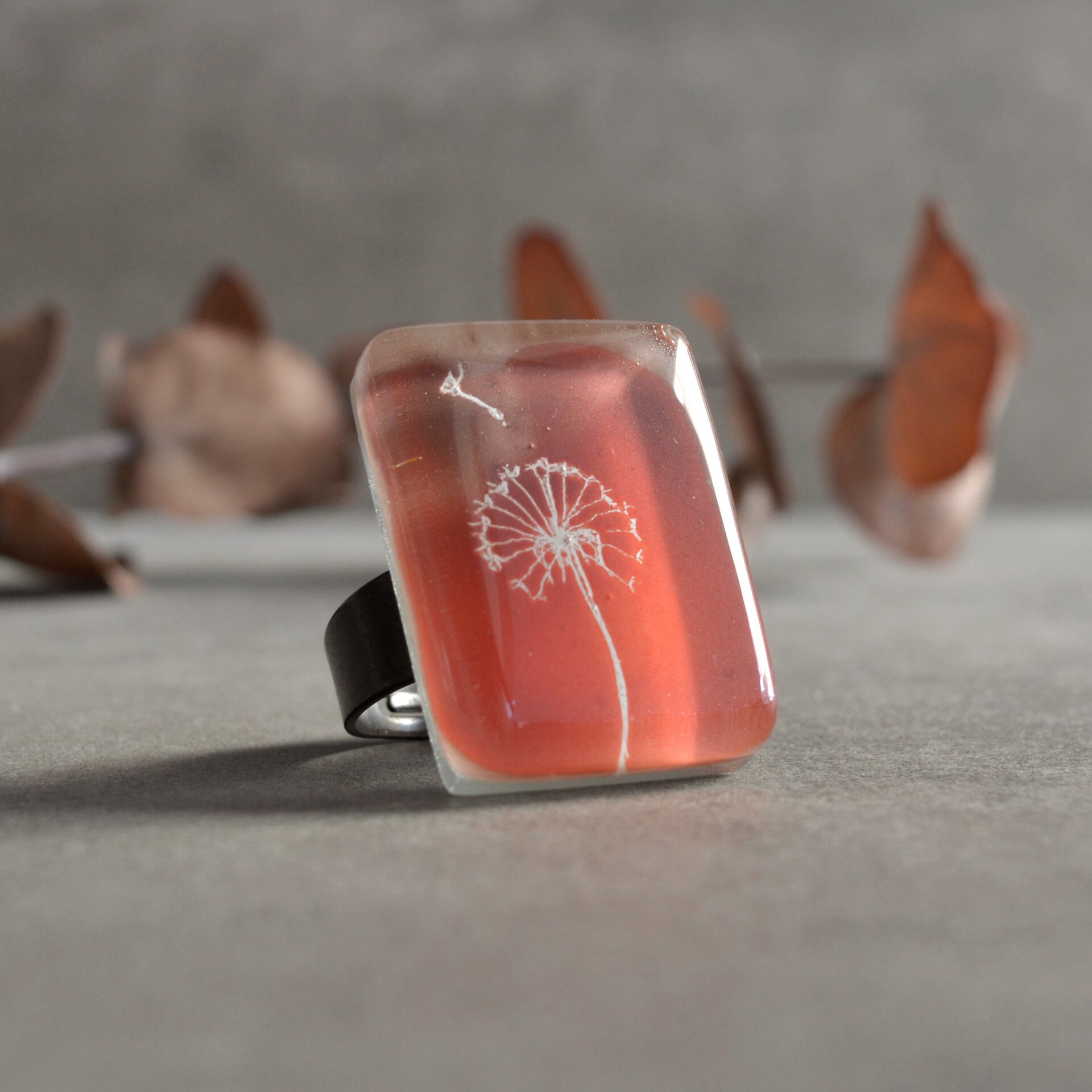 Anillo diente de león naranja, Talla ajustable, Vidrio rectangular - 1