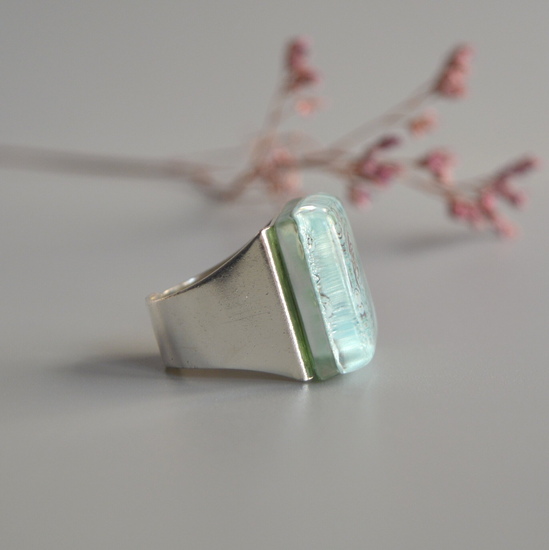 Anillo grande de vidrio verde agua, talla ajustable - 7