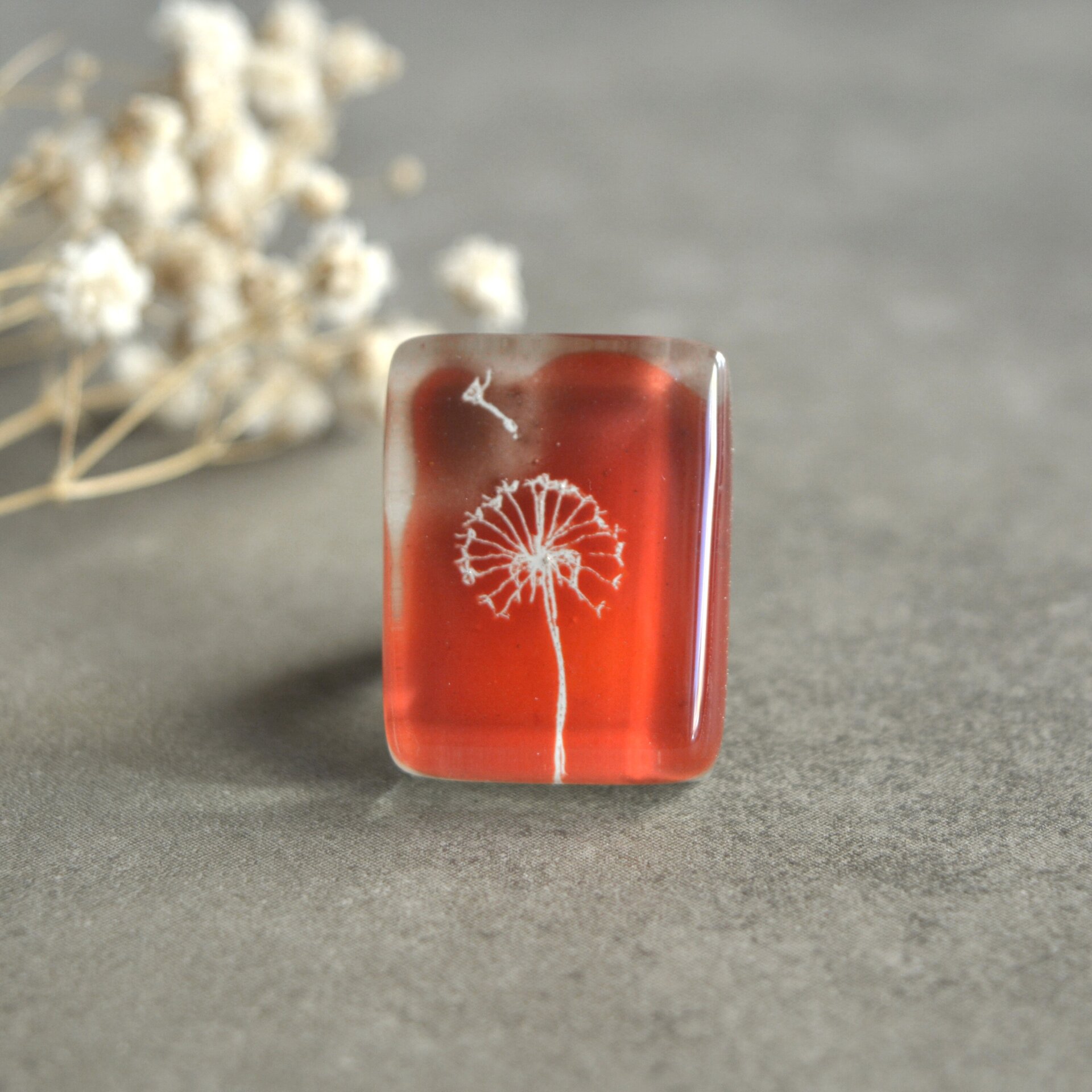 Anillo diente de león naranja, Talla ajustable, Vidrio rectangular - 5