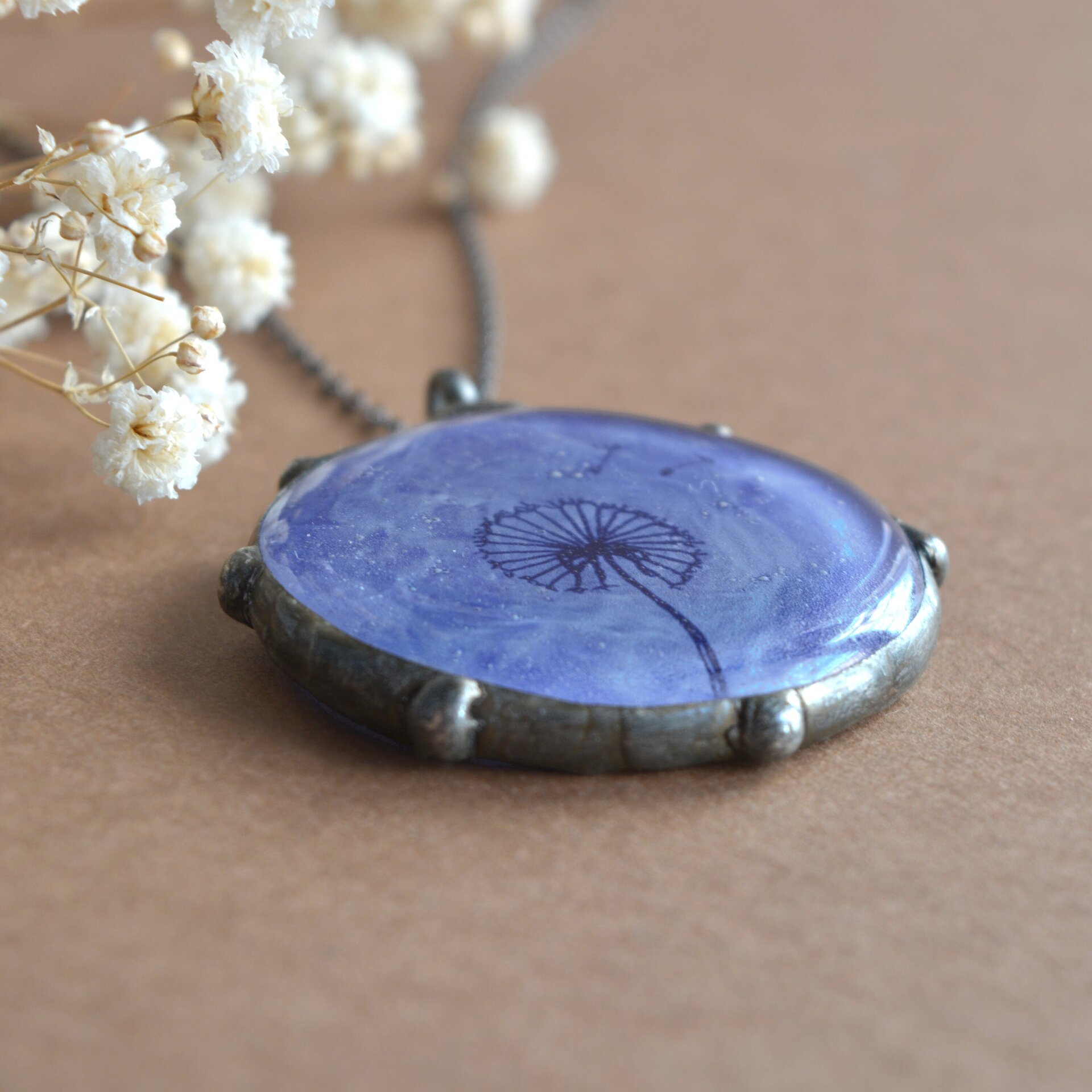 Colgante azul Diente de León, Joyas únicas de vidrio artesanal - 4