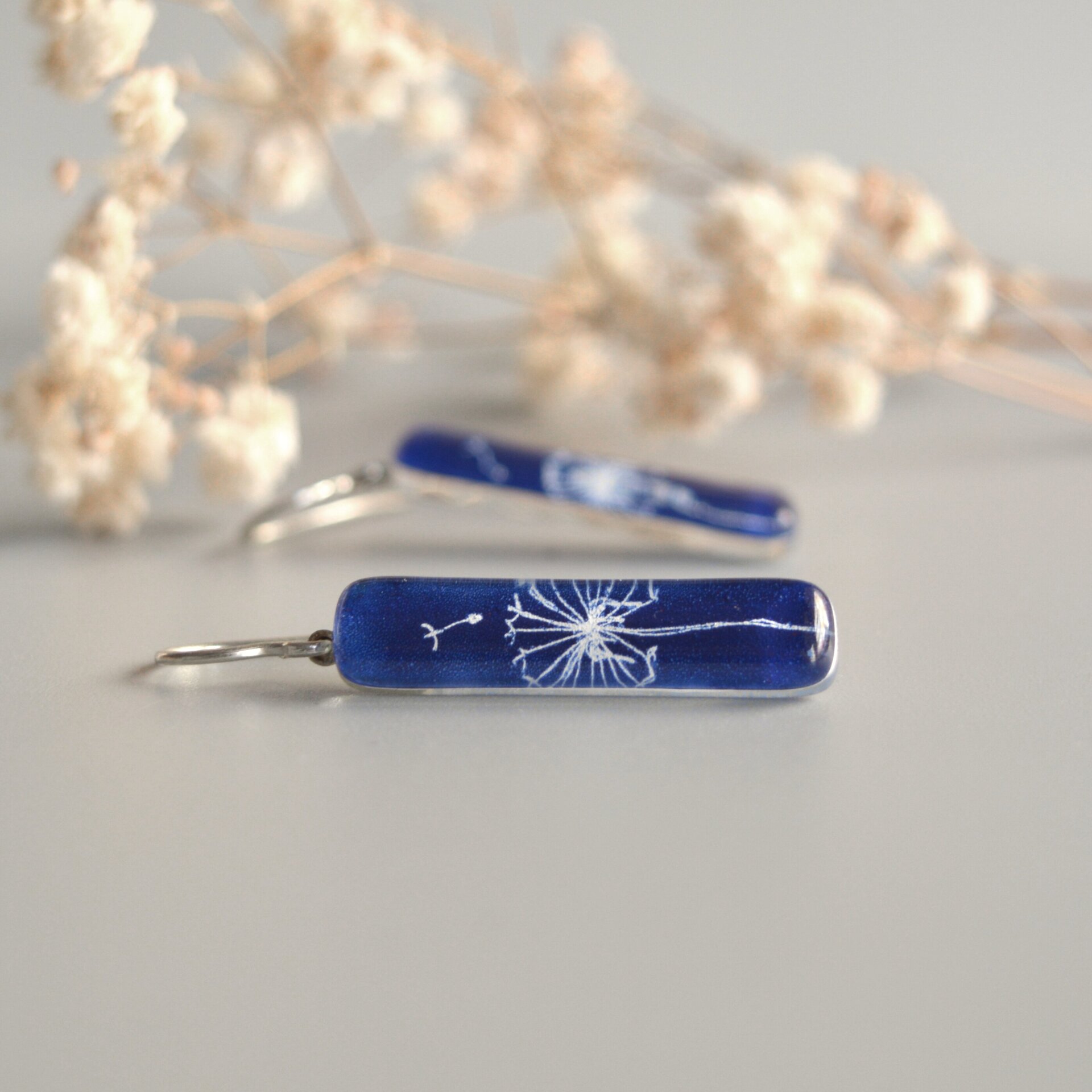 Pendientes diente de león, Vidrio rectangular y plata, Color azul - 3