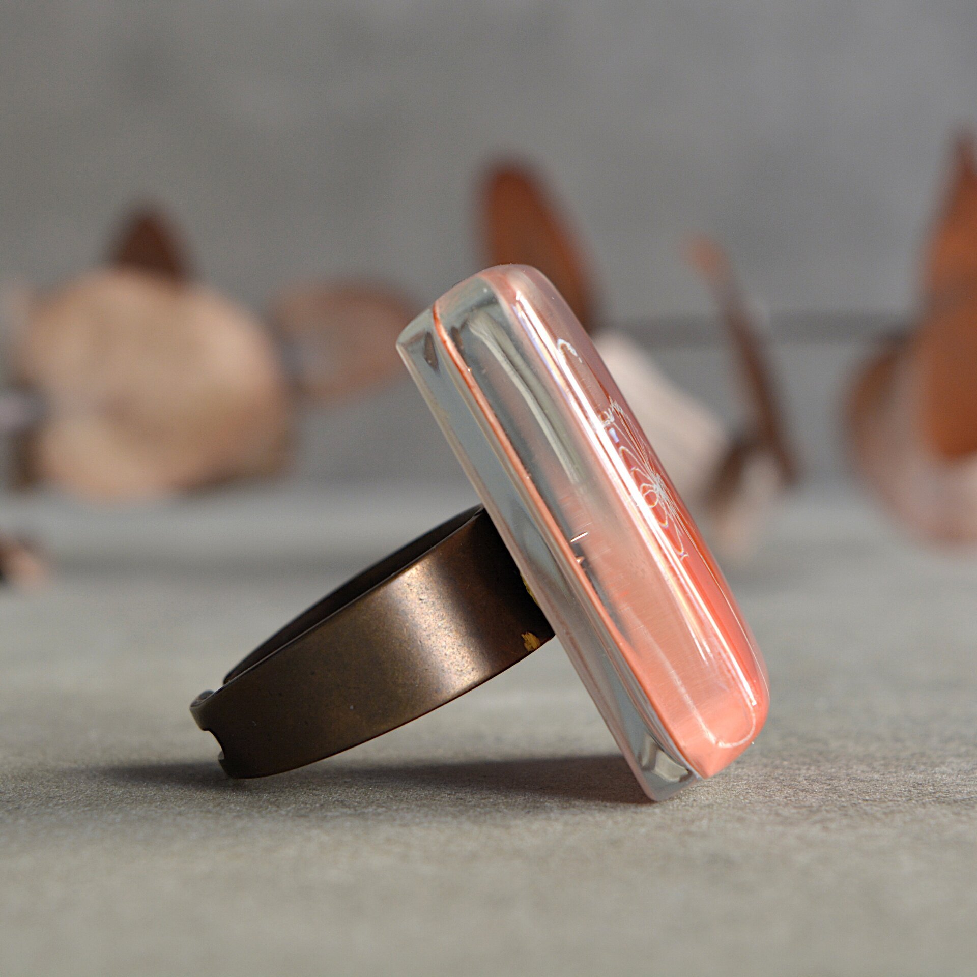 Anillo diente de león naranja, Talla ajustable, Vidrio rectangular - 6