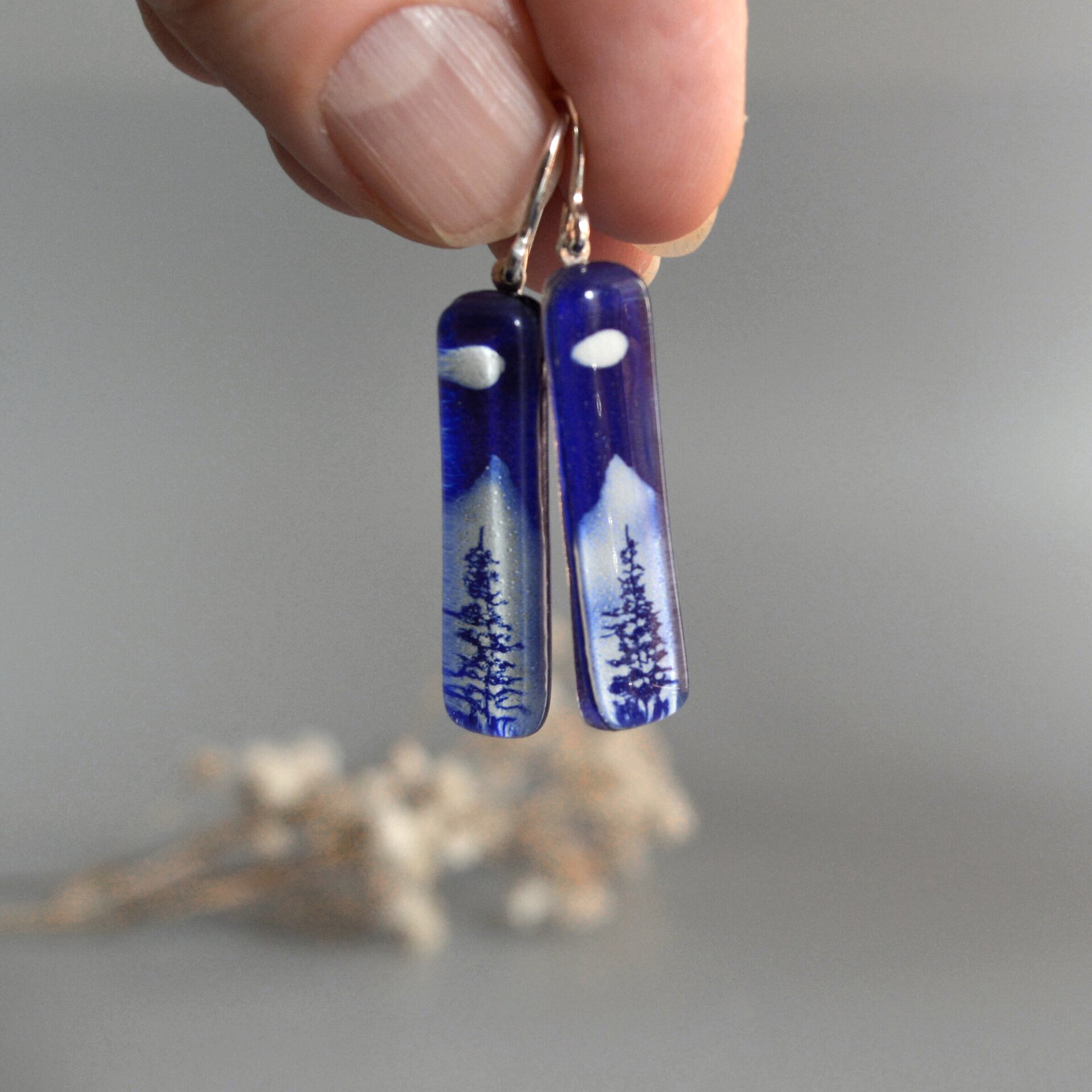 Pendientes colgantes Montaña, Azul cobalto, Vidrio reciclado y plata 925 - 3