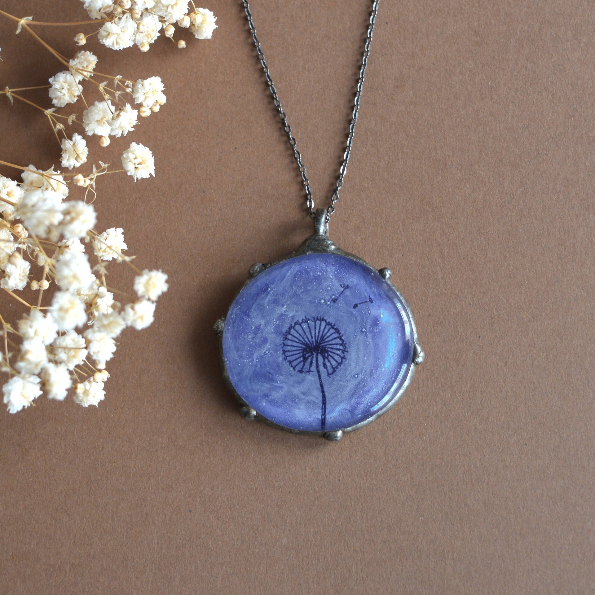 Colgante azul Diente de León, Joyas únicas de vidrio artesanal - 2