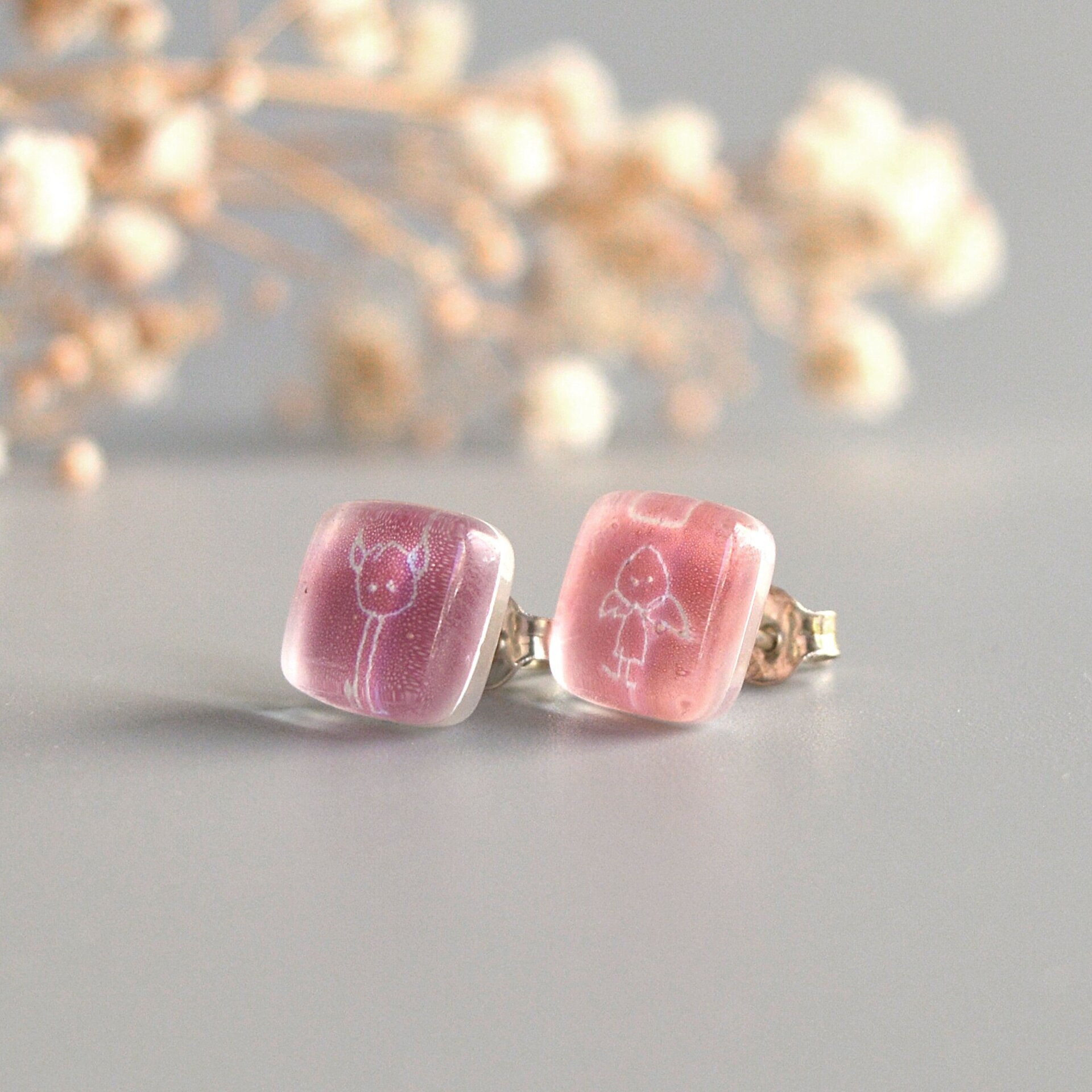 Pendientes Angel y Diablo color rosa, Vidrio y plata de ley - 5
