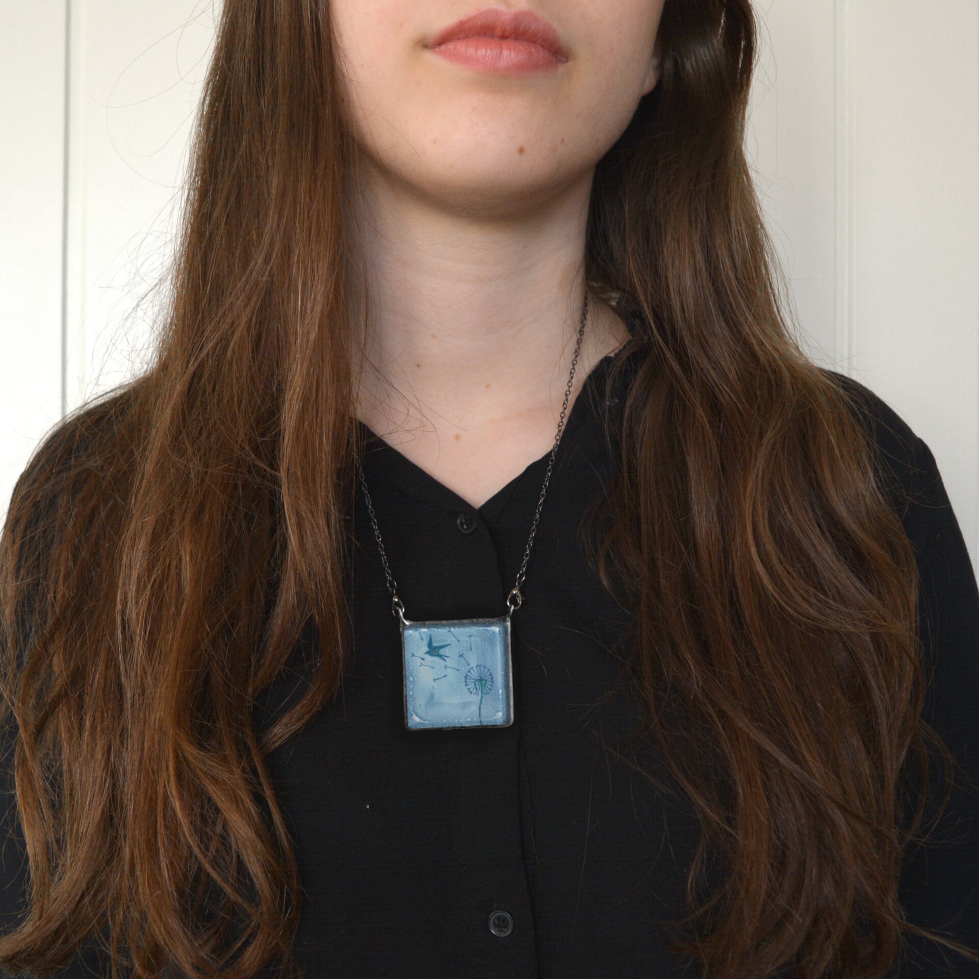 Collar de diente de león azul, colgante de vidrio - 7