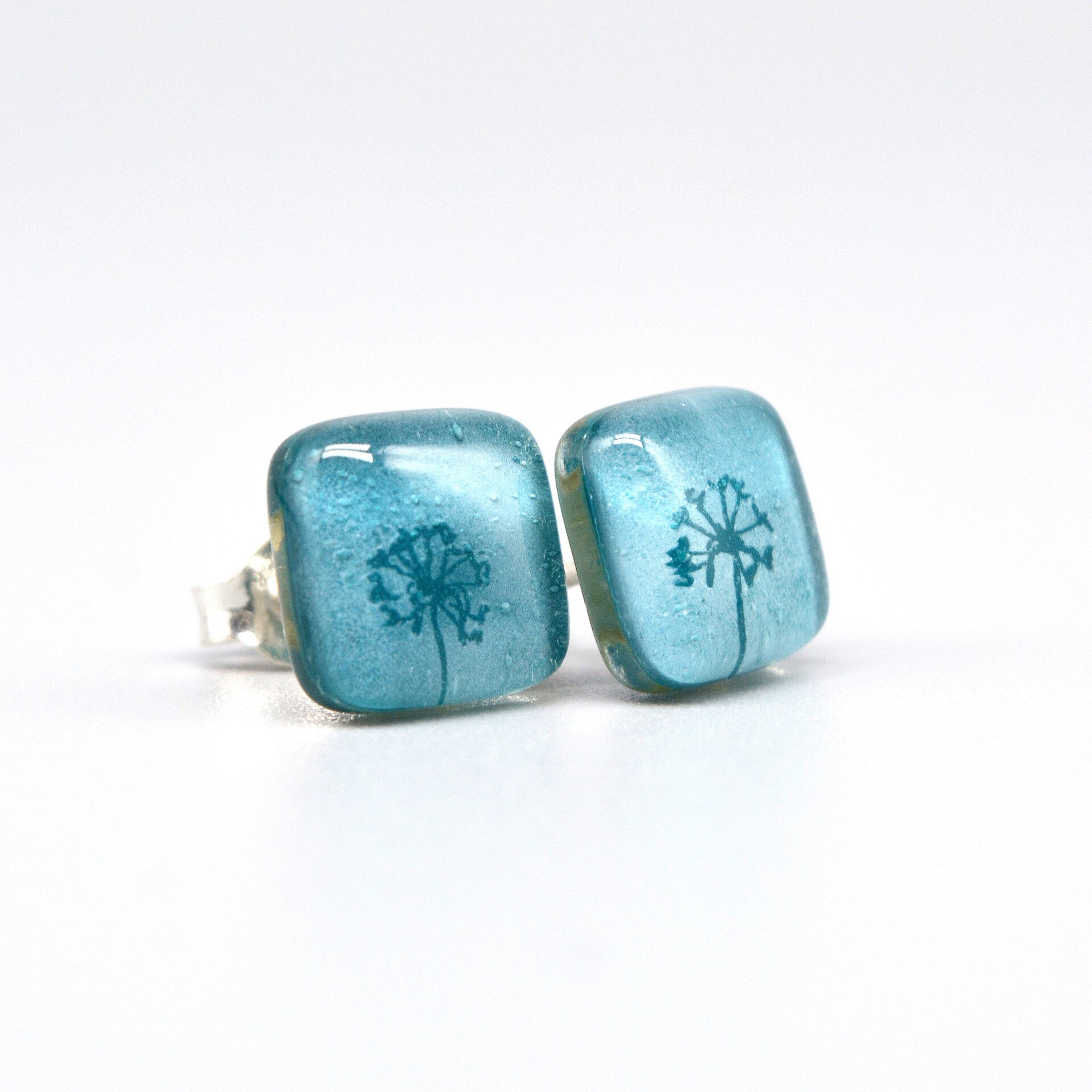 Pendientes con diente de león de vidrio y plata de ley, Color turquesa - 4