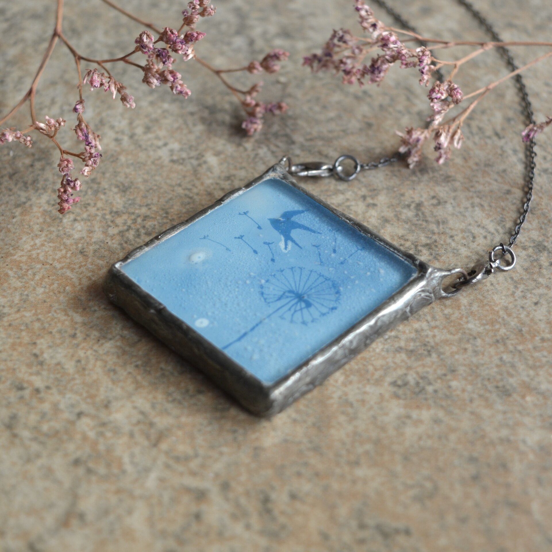 Collar de diente de león azul, colgante de vidrio - 6