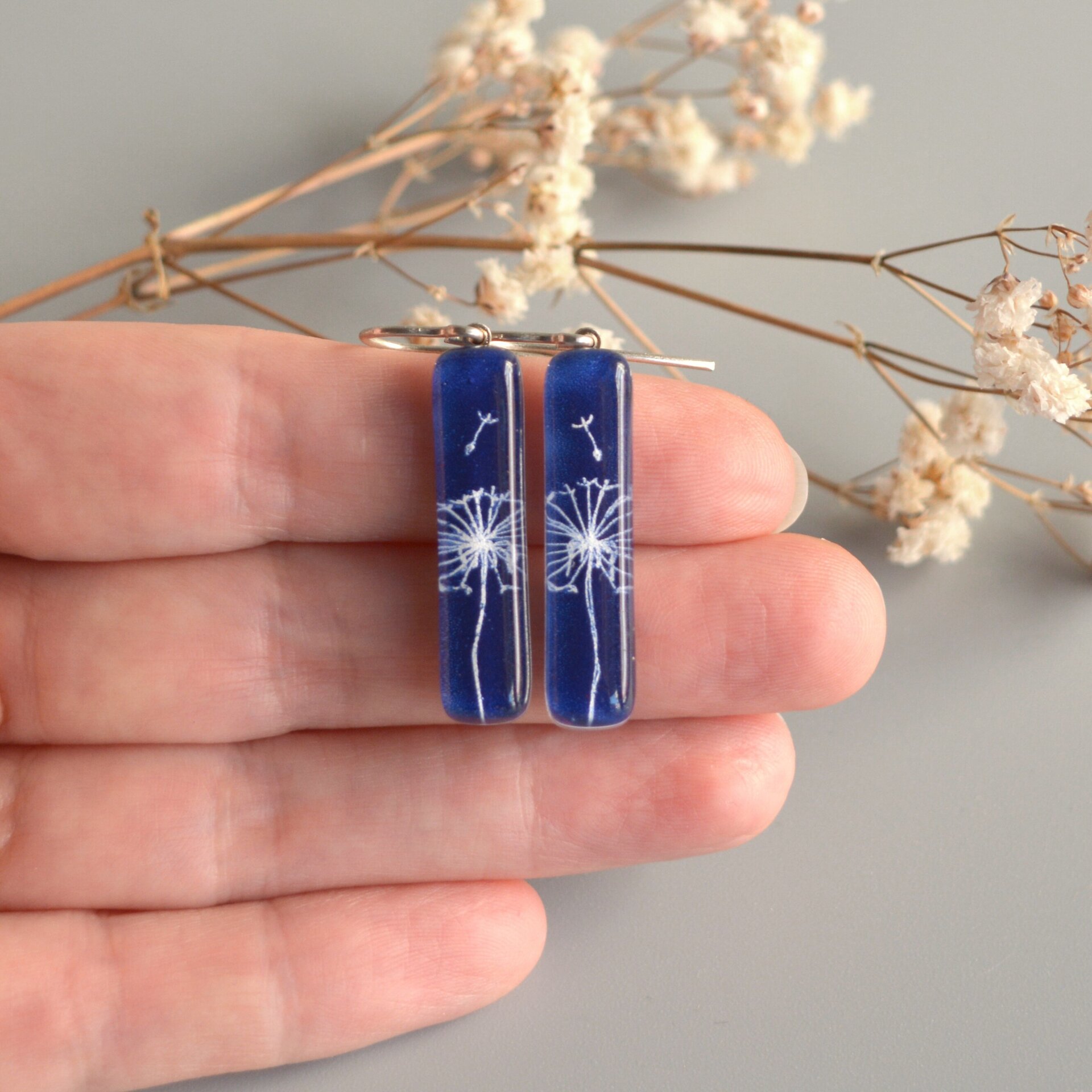 Pendientes diente de león, Vidrio rectangular y plata, Color azul - 4