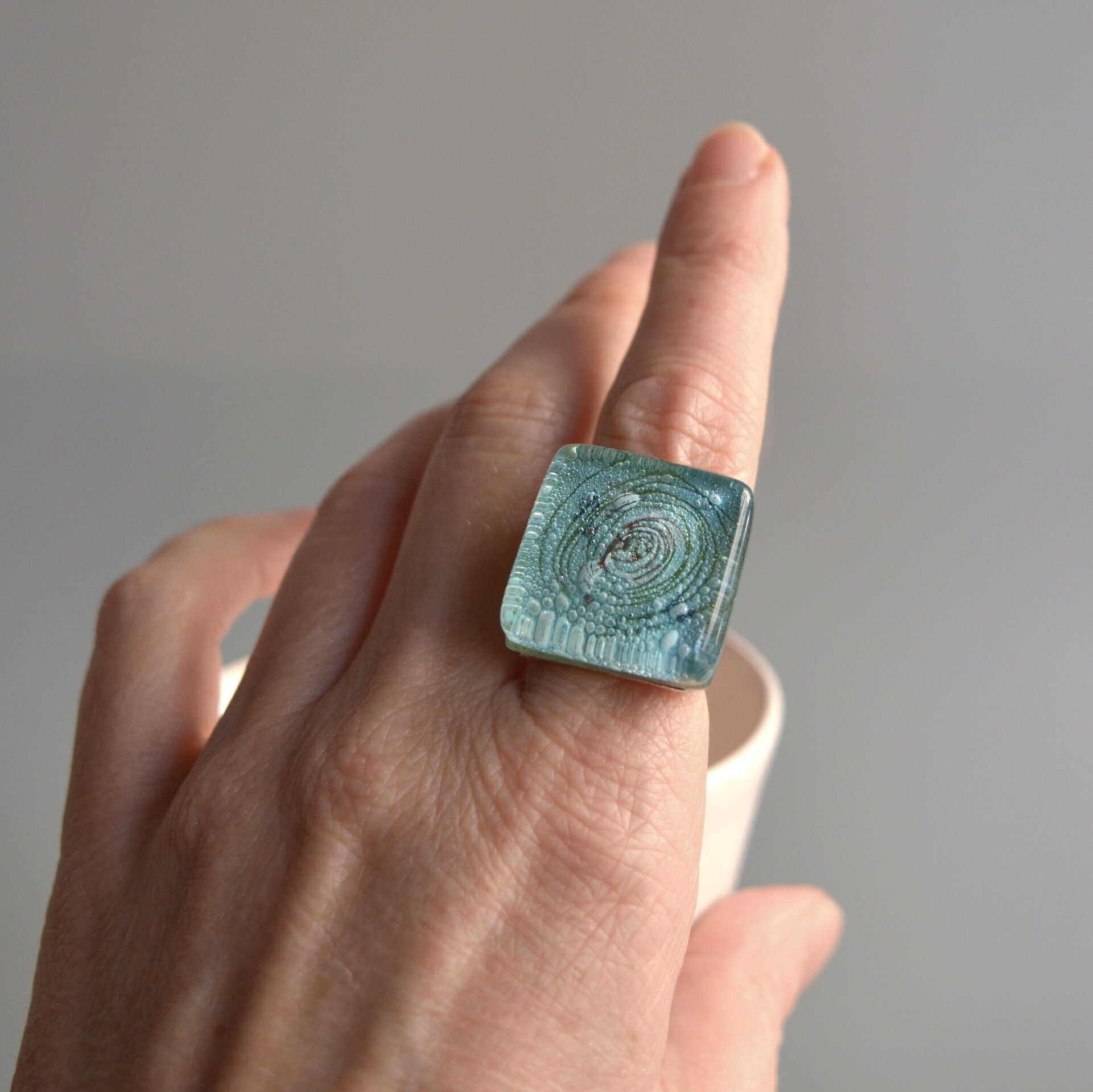 Anillo grande de vidrio verde agua, talla ajustable - 6