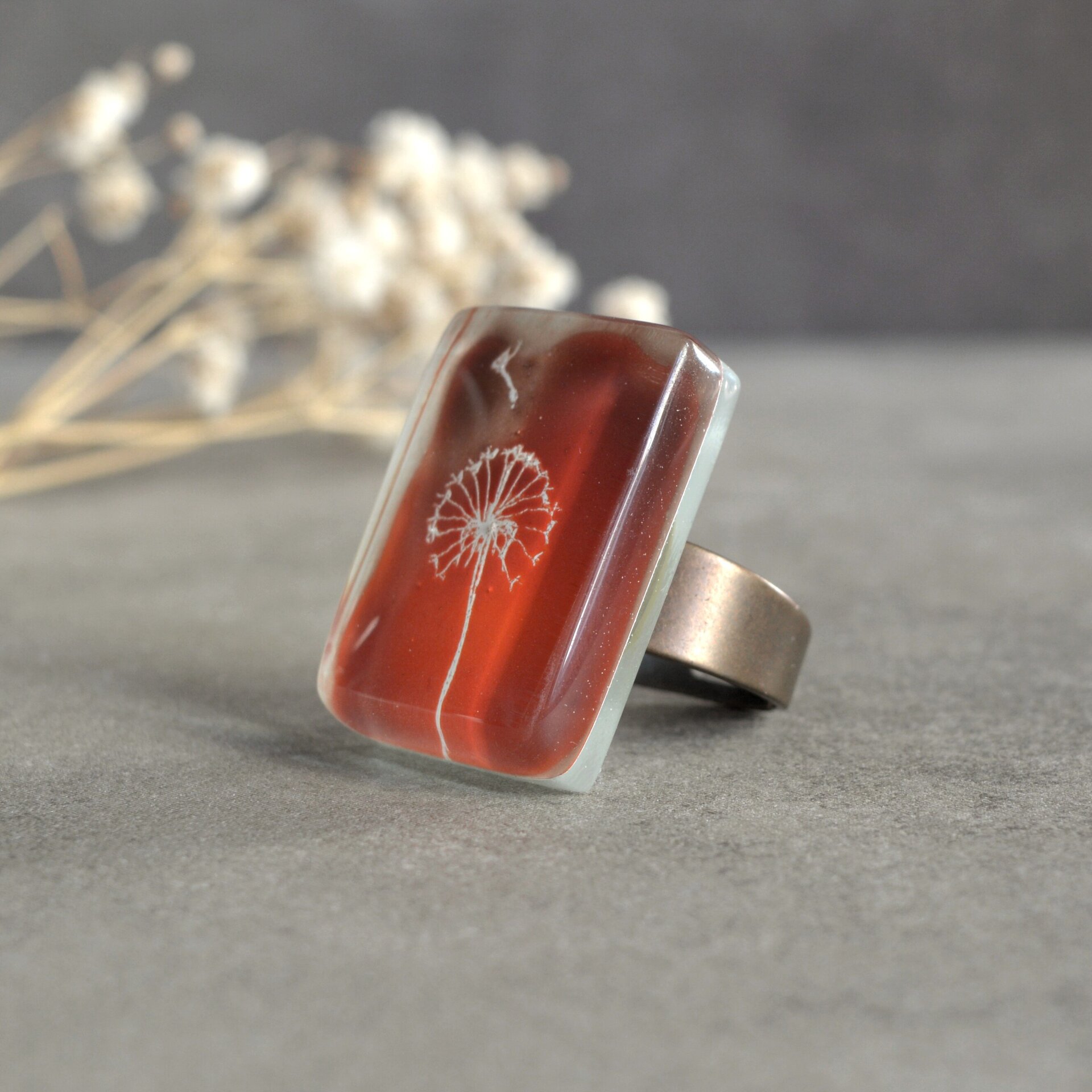 Anillo diente de león naranja, Talla ajustable, Vidrio rectangular - 2