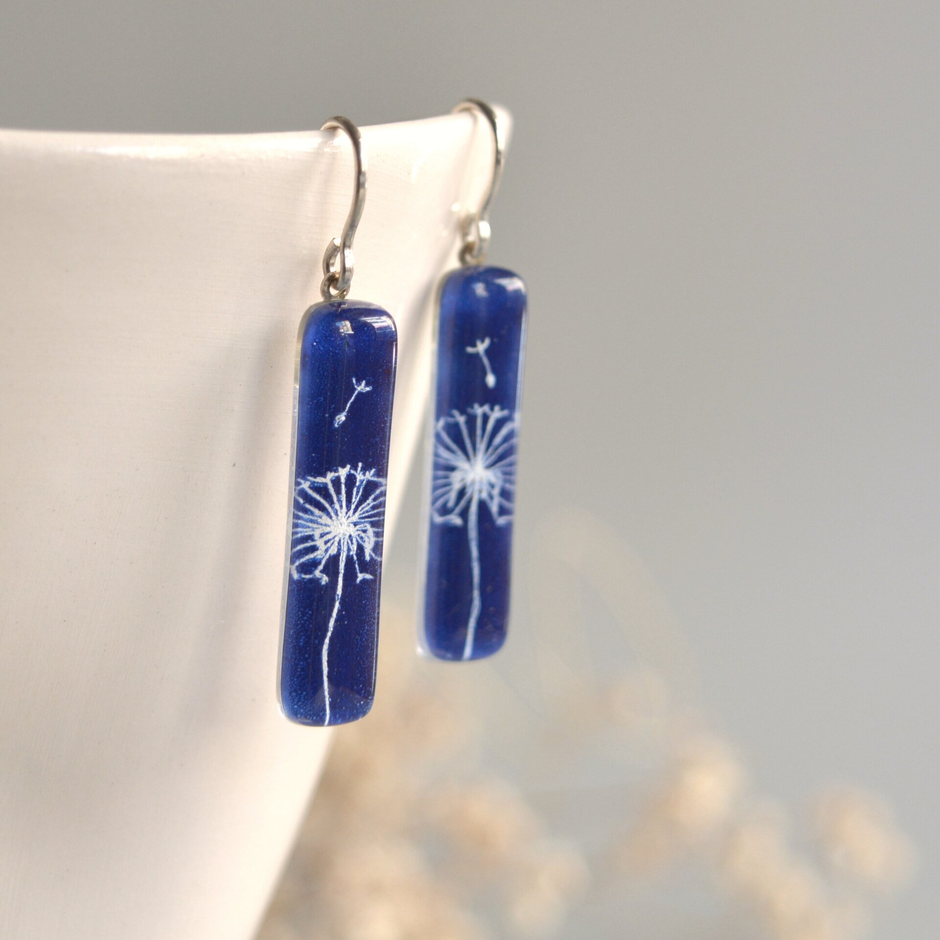 Pendientes diente de león, Vidrio rectangular y plata, Color azul - 1