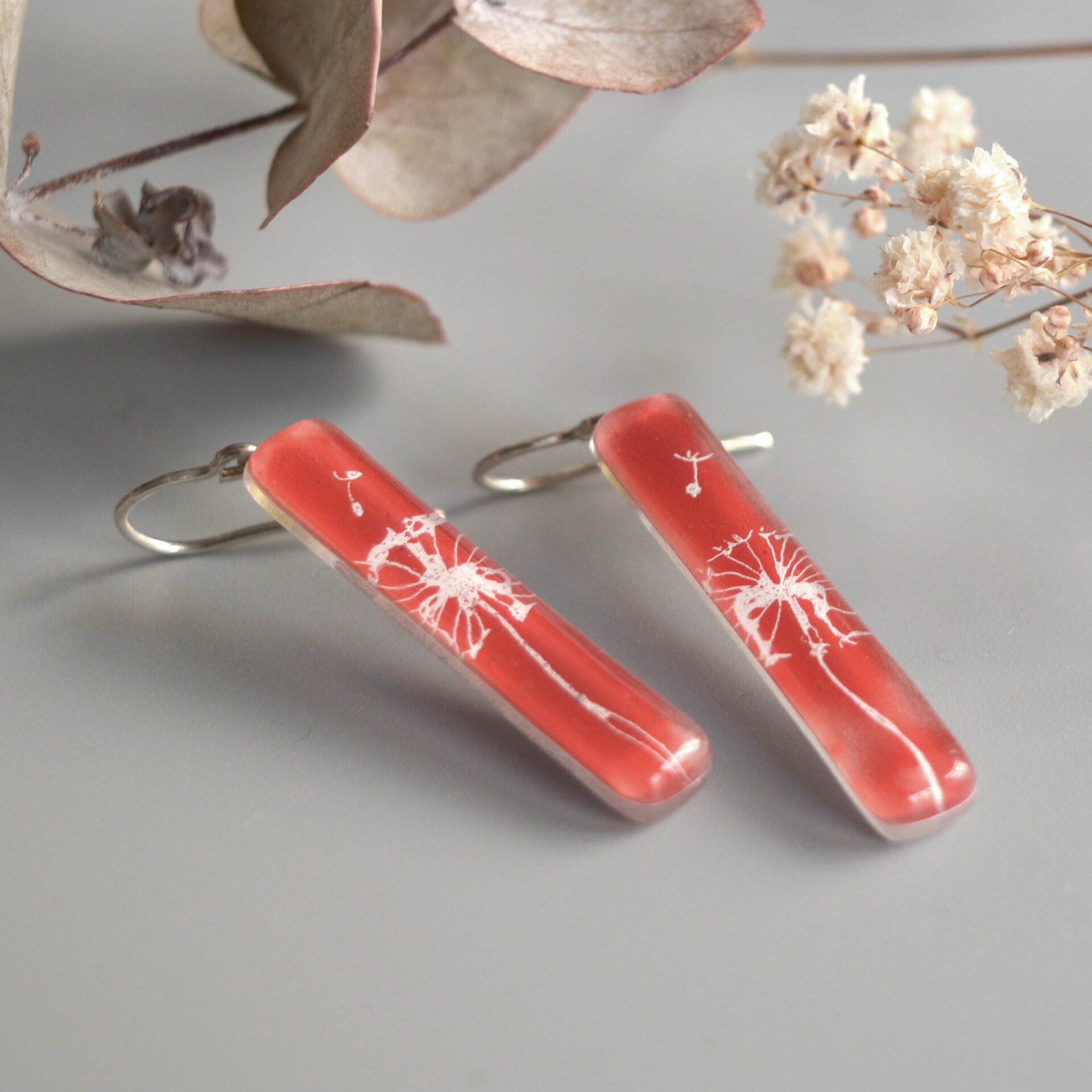 Pendientes rojos Diente de León, Vidrio y plata de ley 925 - 1