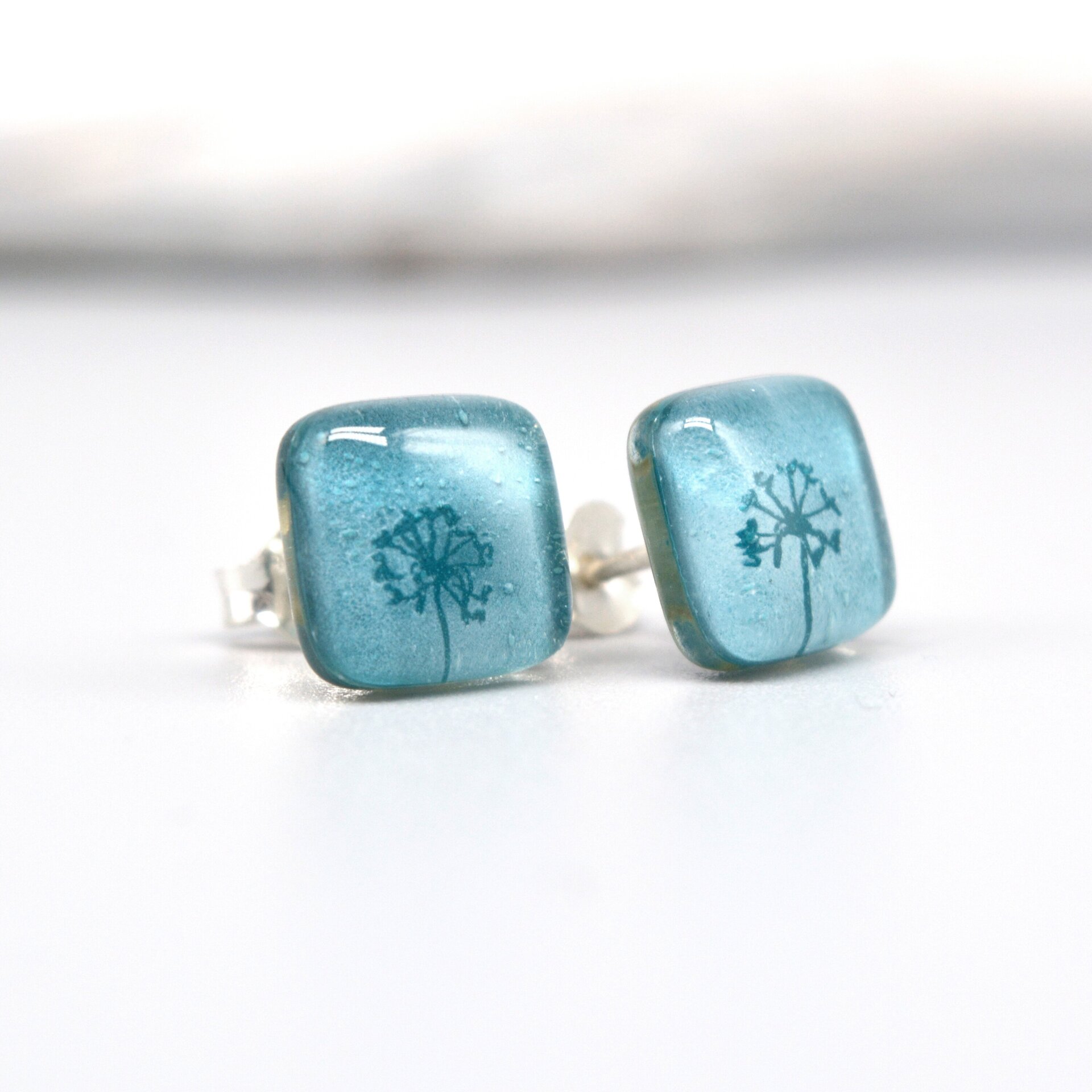 Pendientes con diente de león de vidrio y plata de ley, Color turquesa - 2