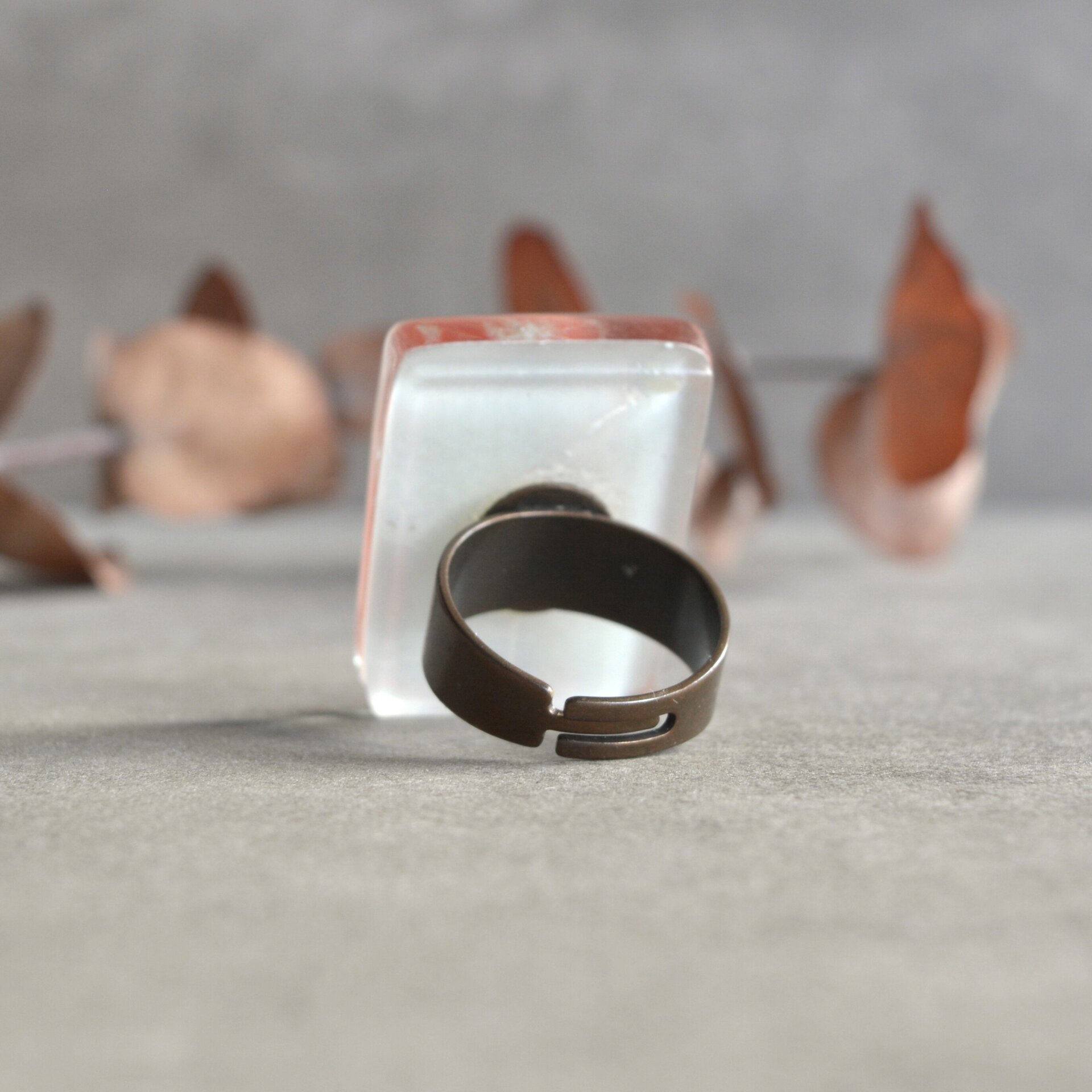 Anillo diente de león naranja, Talla ajustable, Vidrio rectangular - 8